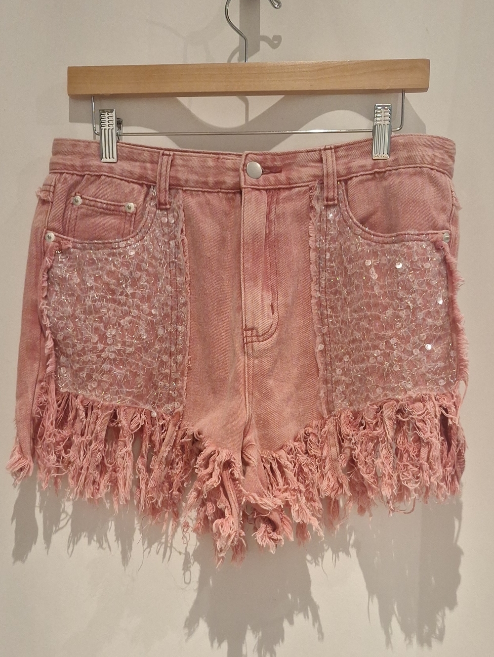 POL Washed Pink Frayed Sequin Pocket Denim Shorts